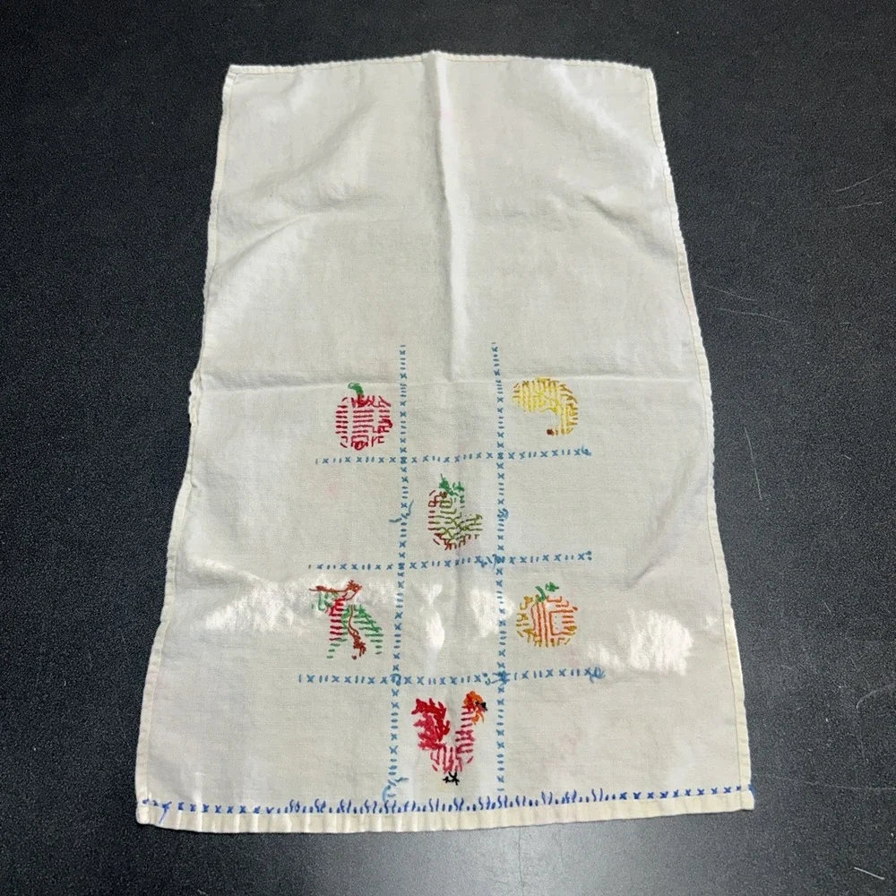 Hand Sewn Cross Stitch Kitchen Towel Vintage Fruits Rooster Vegetables